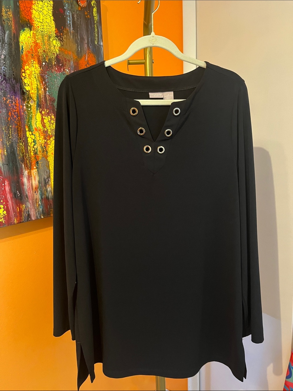 Chico's Blue Long-Sleeve V-Neck Top with Grommet Detail